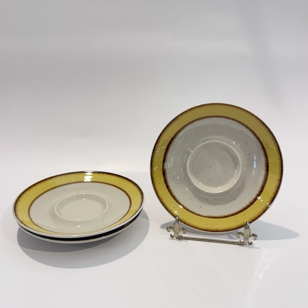 Vintage‎ Rainbow Stoneware Citron Yellow Rim Speckled Pattern 3pc Saucer Plates